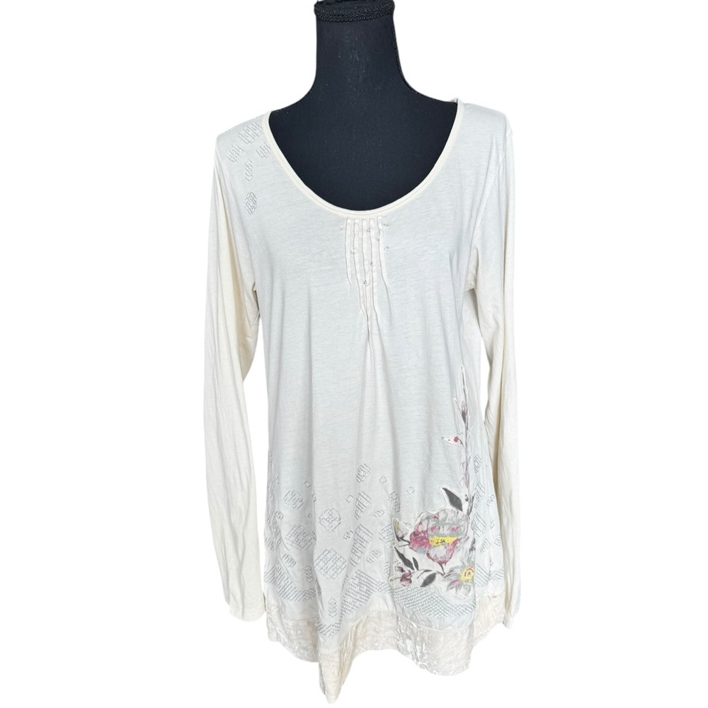 Love & Liberty Boho Floral Tunic Top L Cream Cottagecore Romantic Peasant X35